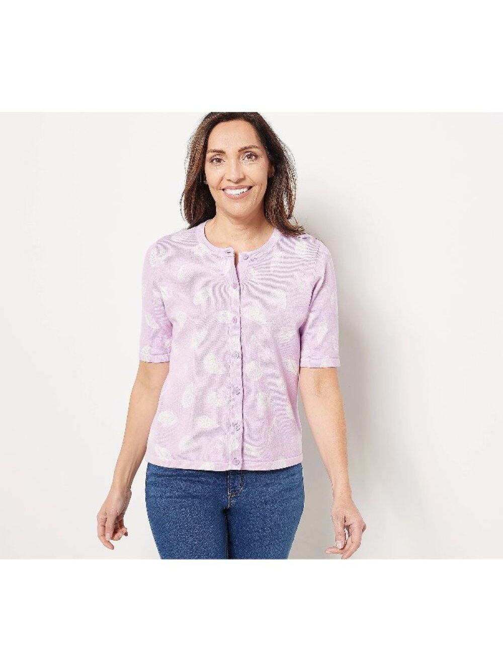 Isaac Mizrahi Live Cardigan Small Bridgehampton Printed Shell Lavender NEW